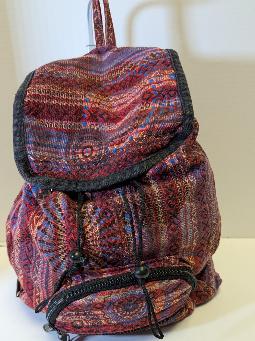 Handwoven Red Pattern Drawstring Backpack